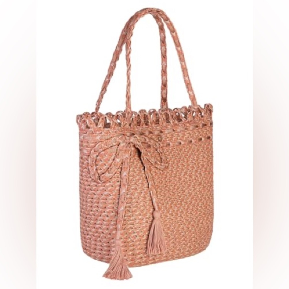Eric Javits Squishee St. Tropez Straw Tote Bag Color Terracotta Pink / Tan Color
